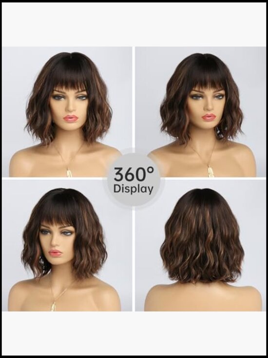 Short Highlight Wig with Bangs Heat Resistant Synthetic Hair Wavy Bob Medium